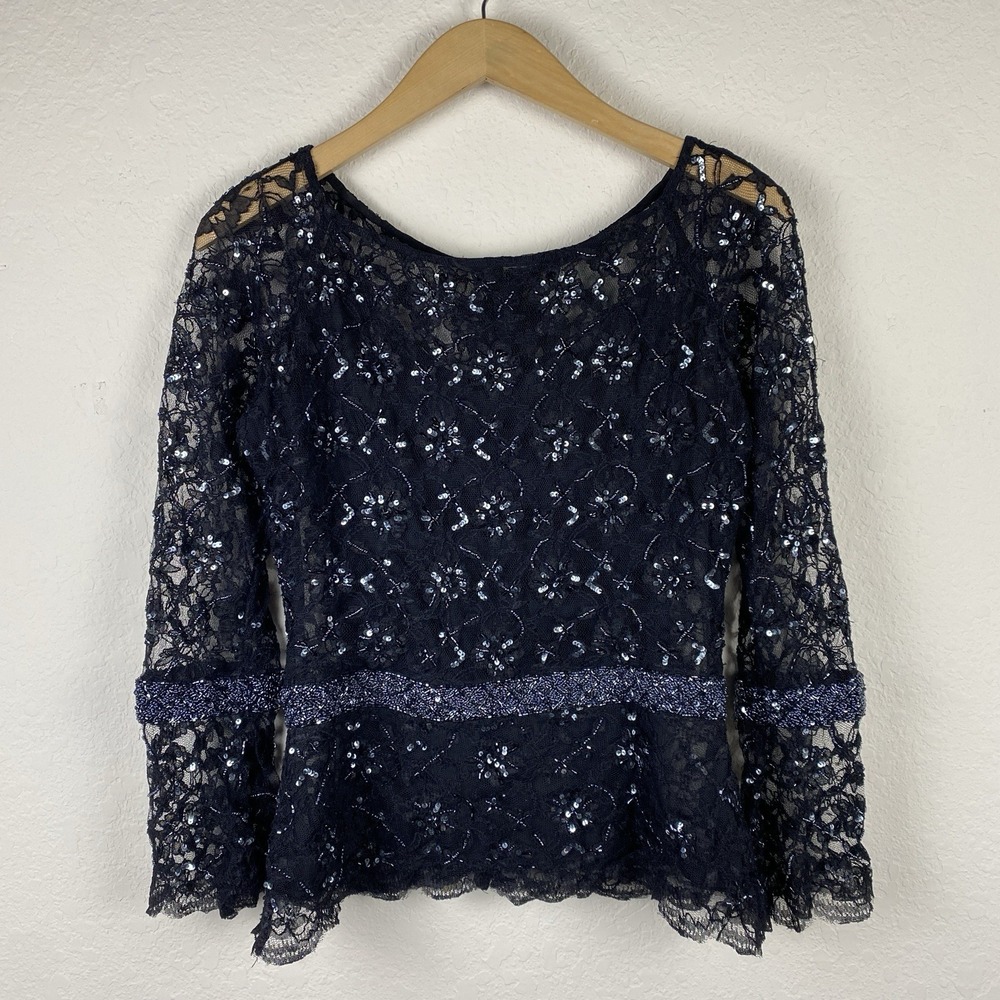 Vtg Laurence Kazar M Beaded Top Long Sleeve Sheer Whimsigoth Holiday Y2k Black